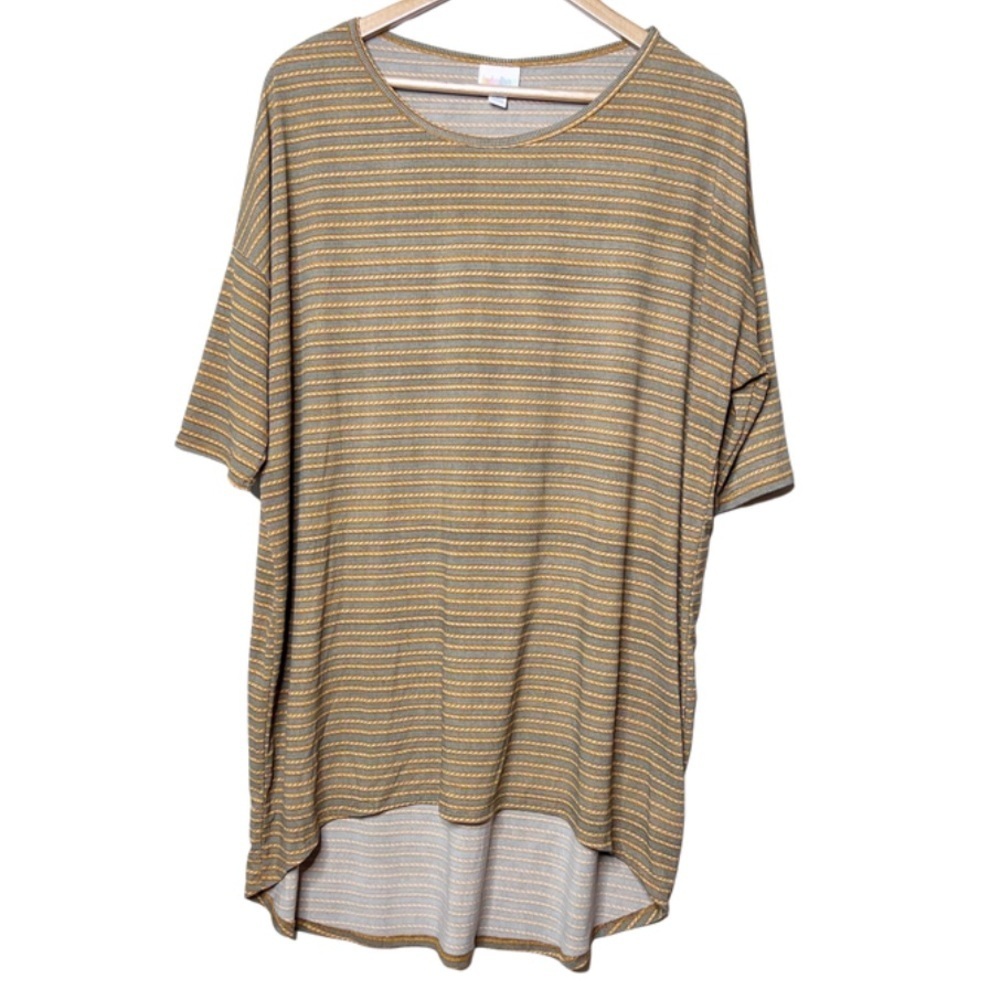 LuLaRoe Classic T Heathered Stripe Gray Yellow Short‎ Sleeve Top Women OS
